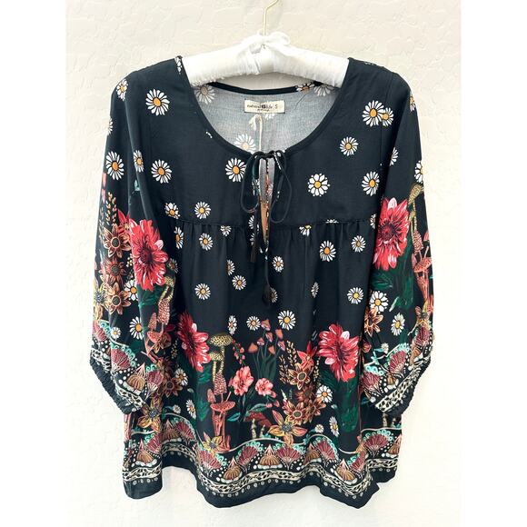 NATURAL LIFE | Maribel Floral Boho Peasant Top Black Daisy Mushroom NWT | Small - Picture 1 of 8